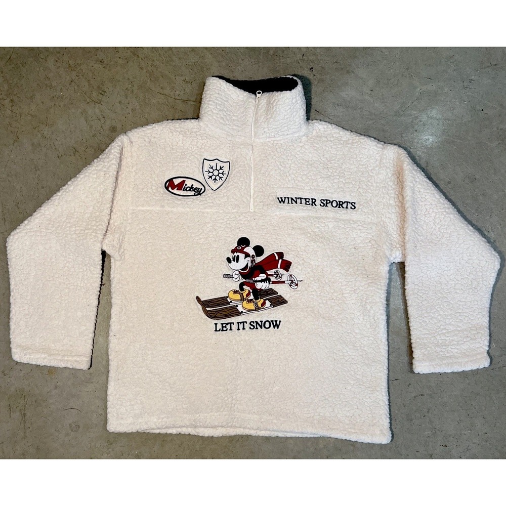 Disney Jacket Womens MediumWhite Sherpa Fleece Pullover 1/4 Zip Mickey Mouse Ski